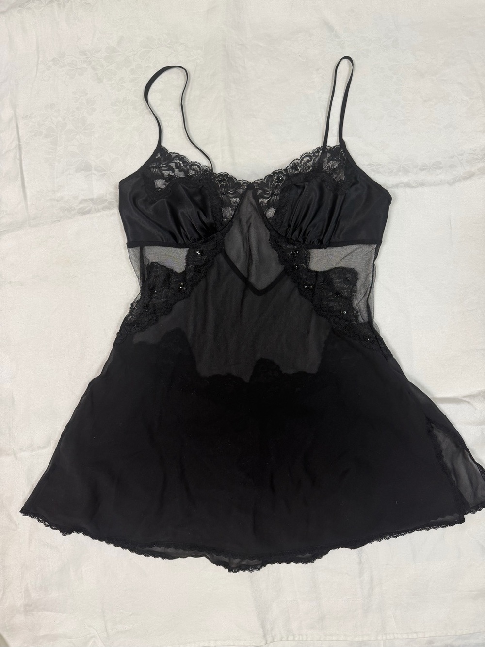 Victoria's Secret Black Satin & Lace Mesh Chemise